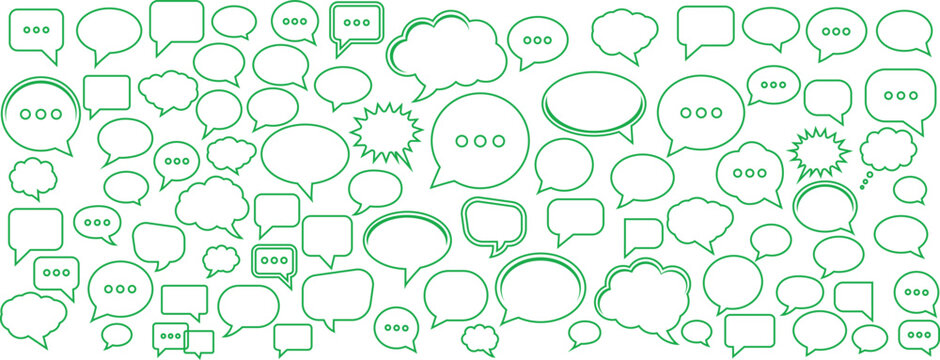 Speech bubble green outline style flat vector set with chat and message icons, social media communication isolated on a white background.