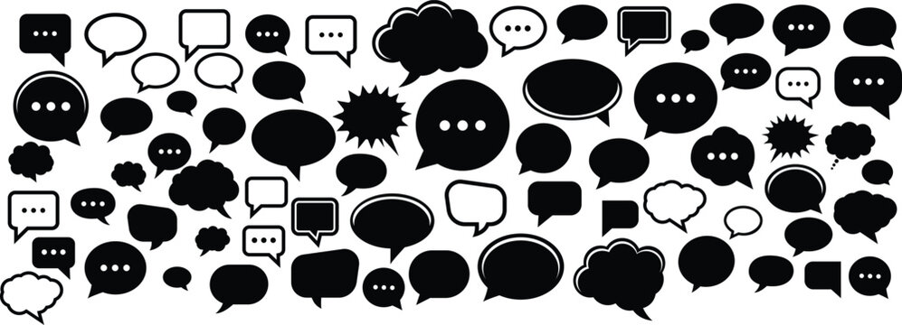 Speech bubble black silhouette flat vector set with chat and message icons, social media communication isolated on a white background.