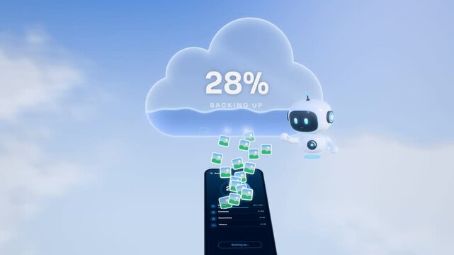 Cloud backup animation, robot carries photos, contacts and files from a phone to the cloud until backed up