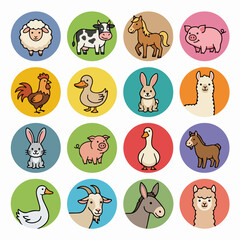 Fototapeta premium Domestic farm animal and livestock flat vector icons.