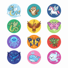 Fototapeta premium Mythical creatures and fantasy beast character icons in flat style.
