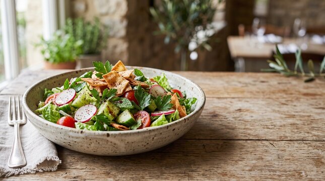 Fresh fattoush salad with crispy pita, vegetables and sumac dressing, created for restaurant menus, food advertising, hospitality campaigns and culinary marketing.