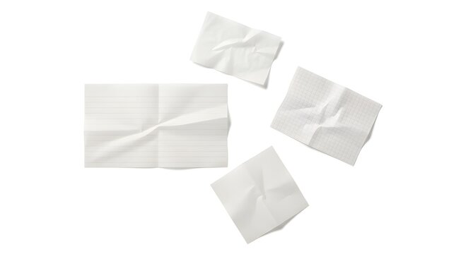 Crumpled blank paper sheets with lined grid and plain textures scattered on white background.
