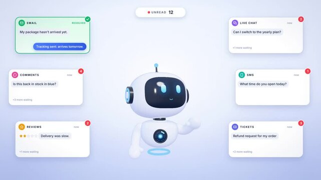 Customer support chatbot robot replying to email, chat, SMS, review and ticket messages until all resolved