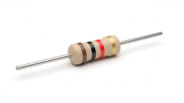 Axial lead resistor with colored bands in 3D style on white background, electronic circuit component