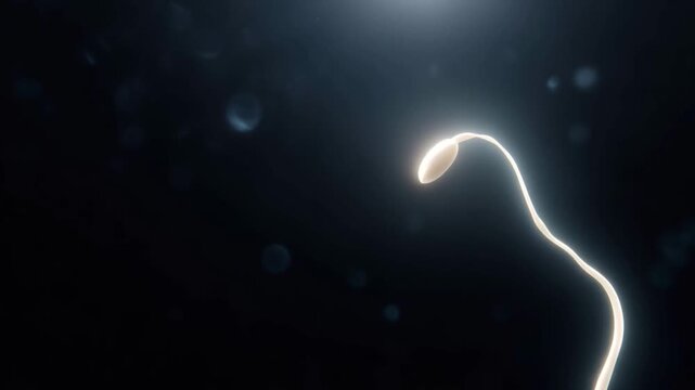 A luminous sperm cell drifts in the darkness, symbolizing new beginnings and the essence of life. ..Created with Generative AI, not depicting real subjects.