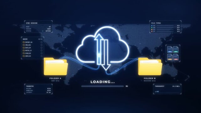Cloud sync animation moving files between two folders over a world map, loading bar ending in sync complete
