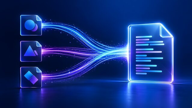 Three glowing file icons merging via fiber optic light streams into a single digital document representing data consolidation and workflow automation