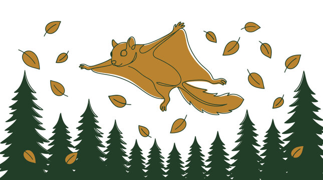 Flying squirrel gliding gracefully through an autumn forest filled with falling leaves and evergreen trees.