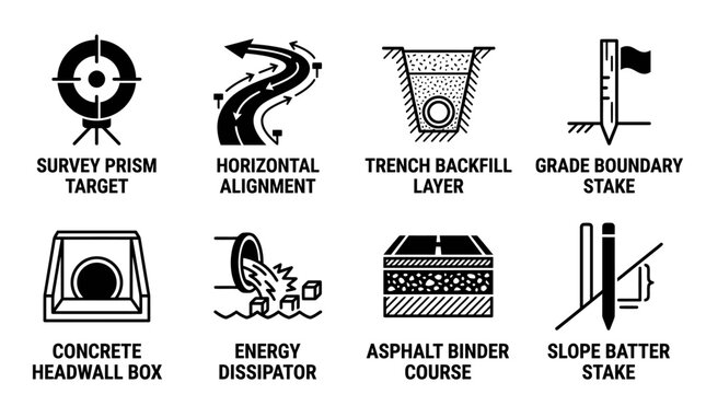 Road construction and highway engineering design icons with construction engineering alignment backfill concrete headwall dissipator infrastructure planning surveying drainage boundary