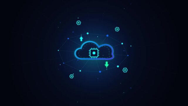 Glowing neon cloud computing network animation with data transfer arrows and processor chip graphic motion footage clip