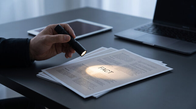 Fact checking and information verification concept with flashlight illuminating documents on desk