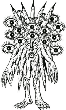 Surreal Many Eyed Monster with Clawed Limbs and Pointed Fingers, Hand-Drawn Ink Illustration