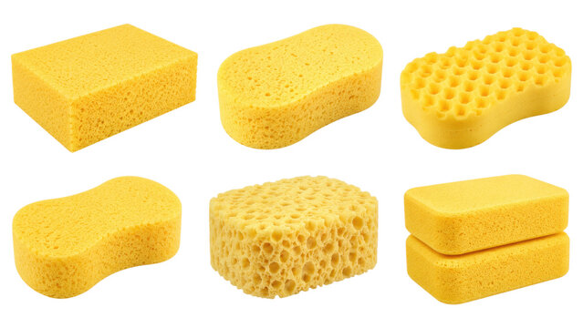 Six yellow cleaning sponges with varied shapes and textures arranged on a transparent background