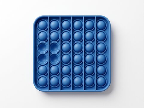 Blue silicone push bubble fidget toy top view on white background, square sensory toy with pressed and raised domes
