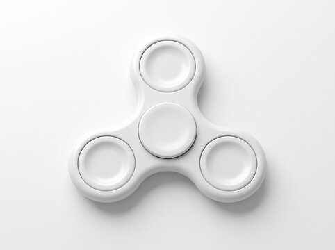 White fidget spinner top view on white background, minimalist three-lobe stress relief toy with center bearing cap