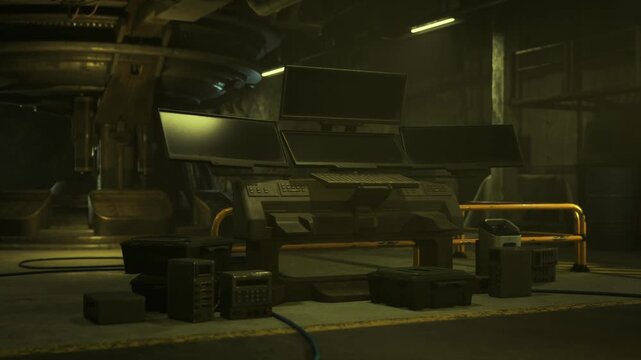 Shadowed repair bay with chassis under spotlight, closeup of exposed undercarriage and tracked suspension, toolbox and hoist staged nearby, welding rig
