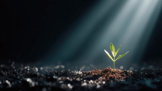 A tiny green sprout emerges from the soil, bathed in a dramatic ray of light, symbolizing new life, growth, and hope. ..Created with Generative AI, not depicting real subjects.