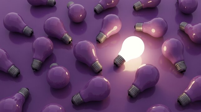 Glowing Light Bulb Standing Out from Purple Bulbs for Creativity Concept