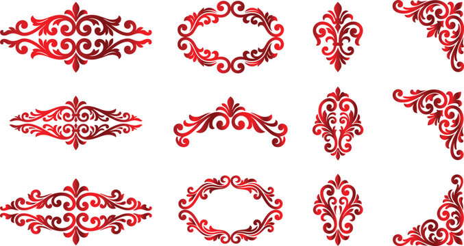 Rich red baroque flourishes and ornate frames for sophisticated design elements.
