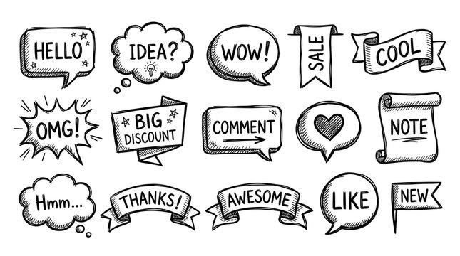 A collection of hand-drawn speech bubbles, ribbons, and banners with various words and symbols. The words include HELLO, IDEA?, WOW!, SALE, COOL, OMG!, BIG DISCOUNT, COMMENT, NOTE, Hmm..., THANKS!.