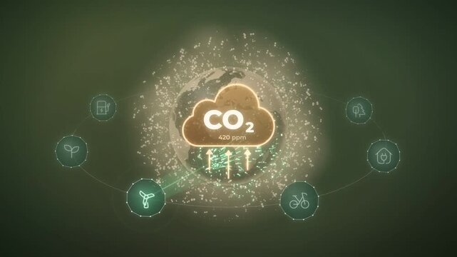 CO2 cloud over Earth turning from brown to green as eco icons send beams and the ppm level drops