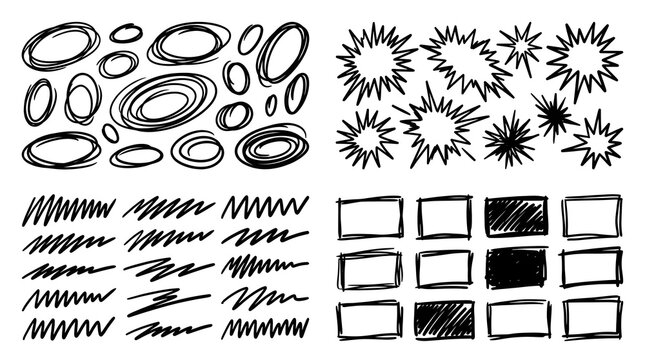 A collage of four different hand-drawn graphic elements. The top left section shows a group of hand-drawn oval shapes. The top right section displays a collection of explosion or starburst shapes.