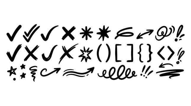 A collection of hand-drawn graphic elements including checkmarks, crosses, stars, arrows, punctuation marks, and brackets. These marks are sketched in black ink, creating a doodle-like aesthetic.