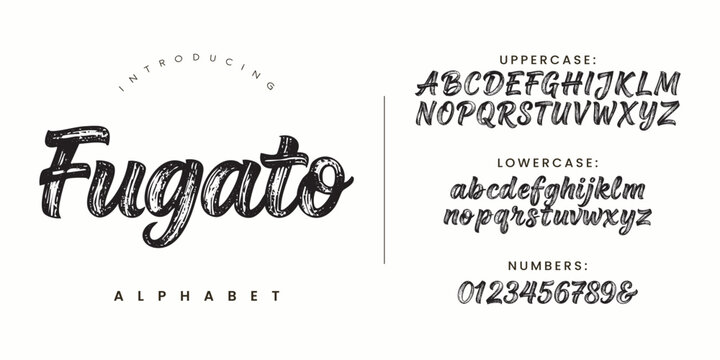 Fugato alphabet font design typography with uppercase lowercase letters and numbers