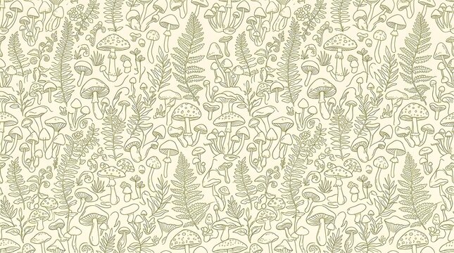A charming hand-drawn illustration of various mushrooms and ferns creating a whimsical pattern. This design evokes a sense of nature and forest magic, perfect for a unique backdrop or textile print