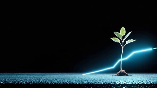 A young seedling emerges from fertile soil, its leaves reaching towards the light as a vibrant blue line charts a path of growth and progress. Created with Generative AI, not depicting real subjects.