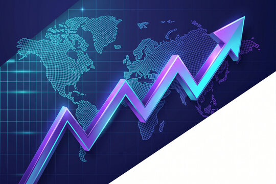 Glowing uptrend arrow graph on digital world map background with blue and purple gradient light
