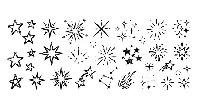 A collection of hand-drawn stars, sparkles, and constellations in a doodle art style. The elements range from simple star shapes tobursts of light and shooting stars.