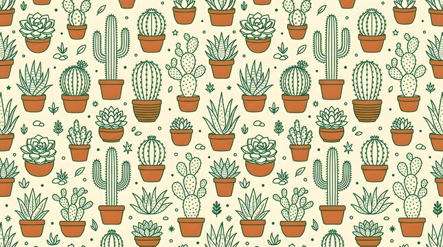 A charming pattern of various potted succulents and cacti, perfect for creating a natural and vibrant aesthetic