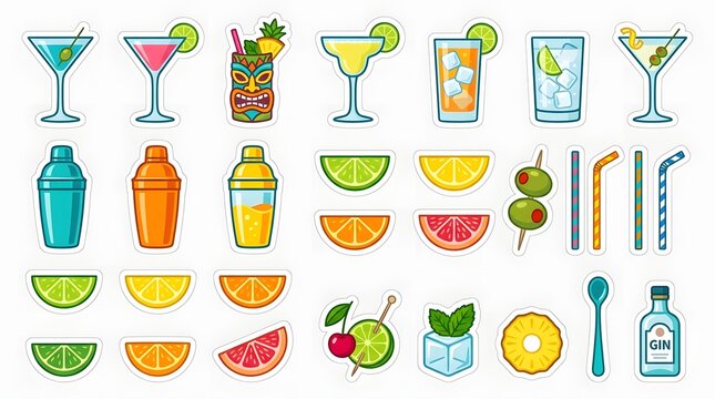 A colorful collection of cocktails and cocktail ingredients, perfect for party or bar promotions. The set includes various drinks, shakers, fresh fruits, olives, straws, and a bottle of gin