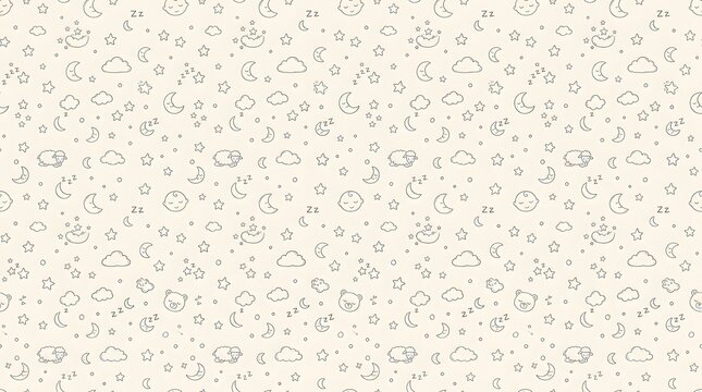 Cute seamless pattern with stars, moon, clouds and sun. Baby illustration for nursery and textile design