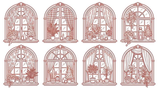 Collection of eight charming arched windows, each adorned with various plants, curtains, and decorative items. The windows showcase different styles and arrangements.
