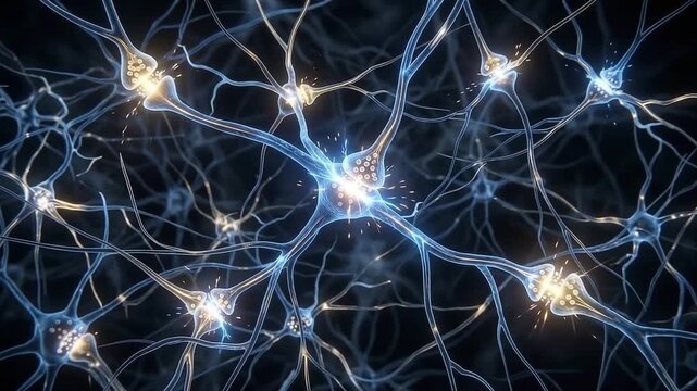 Cinematic microscopic video of glowing blue and gold neural synapses connecting and firing electrical pulses in a dark void. Human brain network animation for science, medicine and AI concepts.