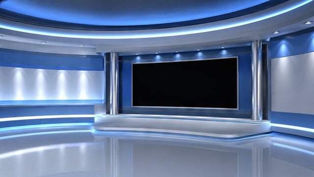 Tv Studio. Blue studio. Backdrop for TV shows .TV on wall. News studio. The perfect backdrop for any green screen or chroma key video or photo production. 