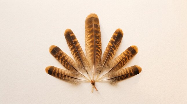 Eagle Feathers Arranged in a Golden Fan Formation, varied natural plumage textures and amber brown tones creating an elegant wildlife-inspired composition.