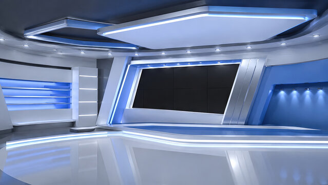 Tv Studio. Blue studio. Backdrop for TV shows .TV on wall. News studio. The perfect backdrop for any green screen or chroma key video or photo production. 