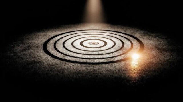 A spotlight illuminates a circular target on a concrete floor, creating a dramatic scene of focus and precision. ..Created with Generative AI, not depicting real subjects.