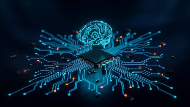 Glowing blue human brain icon hovering above a computer processor chip with complex circuit board connections