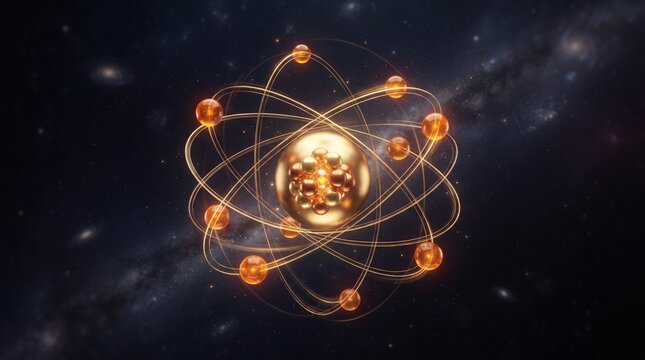 Golden atomic model inspired by a miniature planetary system, amber electrons orbiting a luminous nucleus against a cosmic backdrop