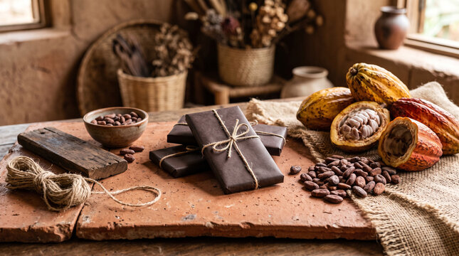 artisanal chocolate packaging with cacao pods and beans on rustic background