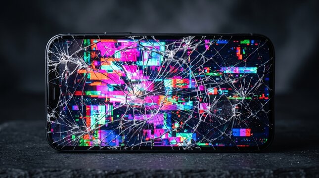 Close-Up of Smashed Smartphone Screen with Broken Glass
