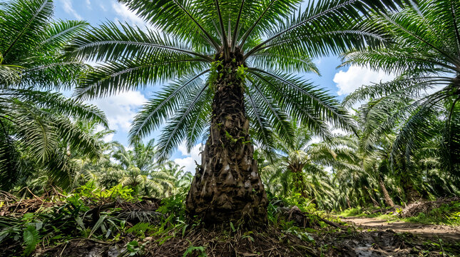 Dramatic ground-level perspective of a tall oil palm tree, highlighting its textured trunk and expansive green canopy against a tropical sky.