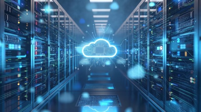 Server room with cloud on ceiling modern technology data center concept