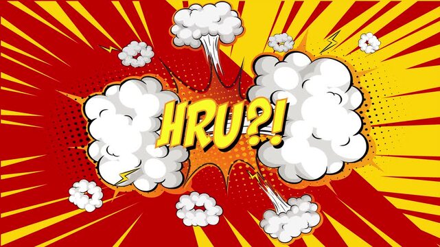 Comic book style HRU text animation with explosive speech bubble and motion lines