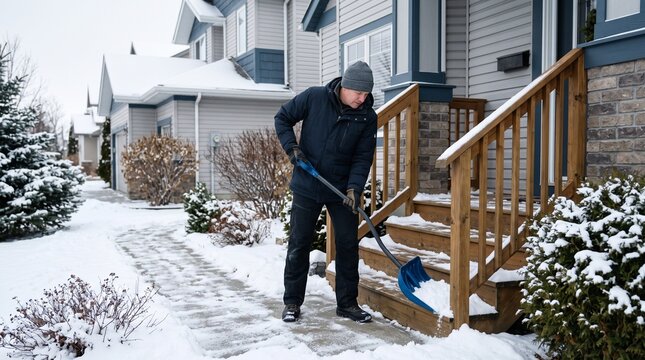 Man Shoveling Snow from Porch Steps in Winter